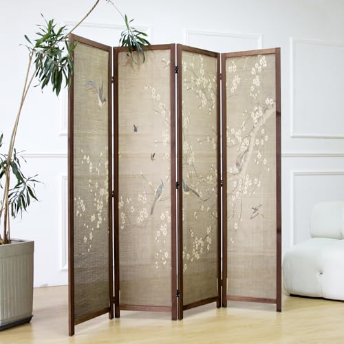 4 Panel Bamboo Room Divider for Room Separation, 5.6 ft Tall Double-Sided Folding Privacy Screen with Premium Thickened Wood Frame, White Plum and Birds (67" H x 63" W) - color: Plum and Birds, size: 4 Panel