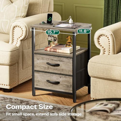 Huuger Night Stand with Charger Station and LED Lights, 2 Drawer Nightstand | Bed Side Table with Open ShelfEnd TableFabric Drawers for Bedroom, Oak - color: Oak, size: 11.8"D x 15.7"W x 23.6"H（2 Drawers）