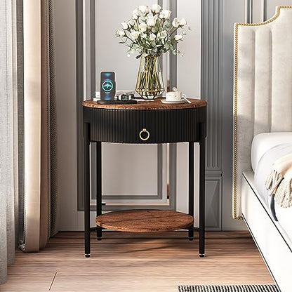 OIOG Wood Grain Side Table with Drawer, 2 Tier End Table, Black and Brown | Round Nightstand, Modern Side table, End Table with Storage, MDF Tabletop ang Shelf, For Living Room, Bedroom, Office, Dorm - color: Black