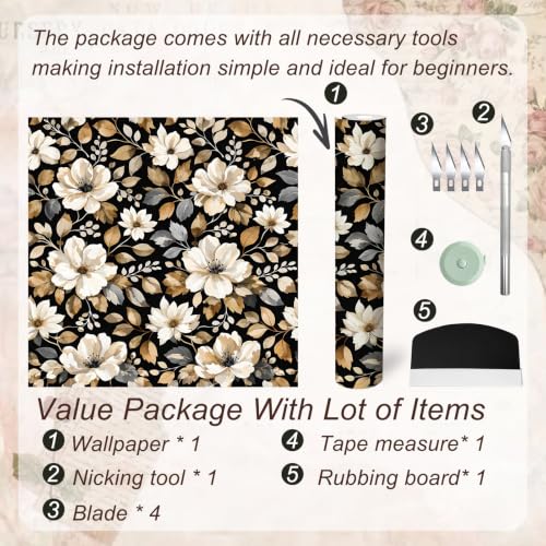 Peel and Stick Wallpaper17.3 X118 in, Dark Floral Leaf, Vintage Self-Adhesive Removable Wall Mural, Waterproof Accent Easy to Install for Living Room Bedroom Kitchen Walls - color: Golden Floral, size: 17.3"X118"