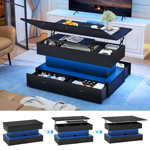 Turosur 40" Lift Top Coffee Table, LED Coffee Tables with Storage and 4 Drawers, Coffee Table with Lifting top for Living Room Home Office, Black - color: Black