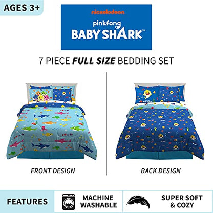 Franco Kids Bedding Super Soft Comforter and Sheet Set with Sham, 7 Piece Full Size, Baby Shark