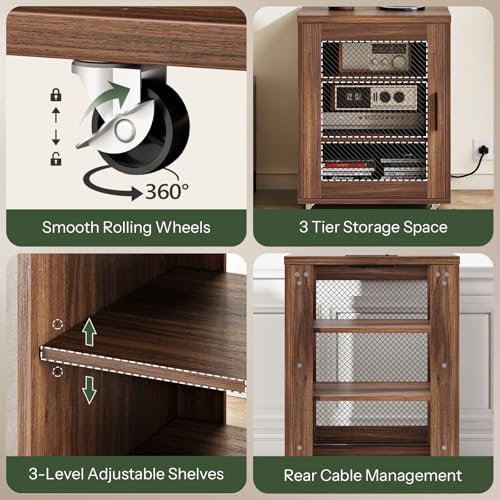Media Cabinet with Charging Station, Stereo Cabinet with Wheels, Audio-Video Media Stand with Adjustable Shelves and Mesh Door, AV Rack for Living Room, Home Theater, Walnut MBZ23UHT