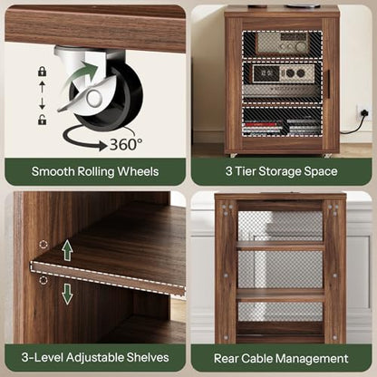 Media Cabinet with Charging Station, Stereo Cabinet with Wheels, Audio-Video Media Stand with Adjustable Shelves and Mesh Door, AV Rack for Living Room, Home Theater, Walnut MBZ23UHT