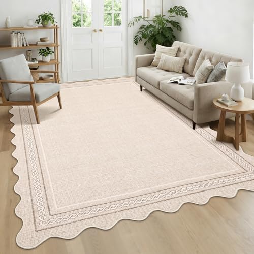 GarveeHome Scalloped Washable Area Rugs 4x6 Rug for Entryway Non Slip, Beige - color: Beige, size: 4' x 6' (Rectangular)