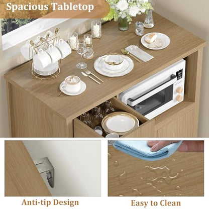 GarveeHome Kitchen Microwave Cabinet with Storage and Drawers, Natural | Modern Small Buffet Cabinet, Glass Doors, Adjustable Shelf, Wooden Sideboard, Wide Top, for Dining Room, Living Room - color: Natural