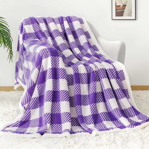 Sherpa Plaid Twin Blanket 60" X 70", Fuzzy Fluffy Soft Cozy Throw Blanket, Twin Size Plush Fleece Flannel Plush Microfiber Blanket for Couch Bed Sofa (PurpleWhite) - color: Purplewhite