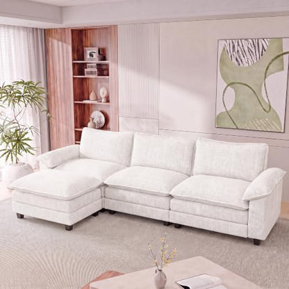 Homall 118.9" L Shaped Cloud Couch, Modular Sectional Sofa for Living Room | Comfy Chenille, Movable Ottoman, 3 Seat, Double Layer Cushion, Sturdy Frame, High-Density Foam, Easy Assembly, White - color: White, size: L Shaped Sofa