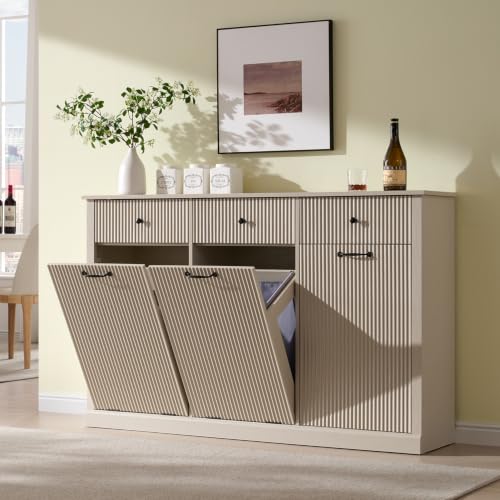 IFGET Triple Tilt Out Trash Can Cabinet, Modern Fluted Laundry Hamper Cabinet with 3 Drawers, 20 Gallon Hidden Wooden Garbage Can Cabinet w/Storage Basket & Adjustable Shelf, for Kitchen, Cream - color: Cream, size: Triple Door