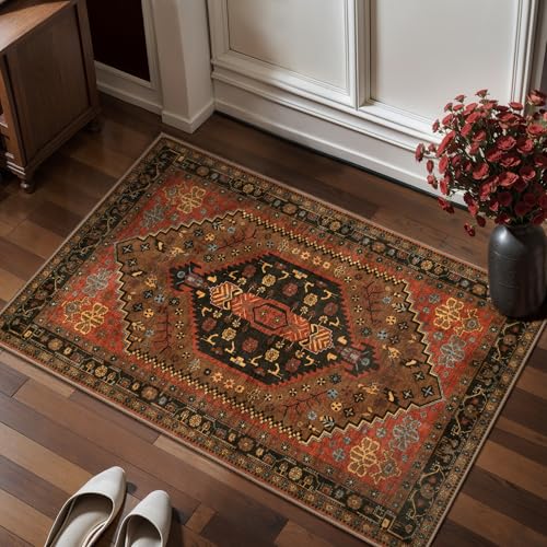 Ciicool 2x3ft Small Area Rug,Washable Boho Thin Mat for Entryway Kitchen | Oriental Non-Slip Low-Pile Indoor Carpet Soft Entry Rugs for Entrance Bedroom Kitchen Bathroom Foyer Decor - color: Red/Gold, size: 2' X 3' (Rectangular)