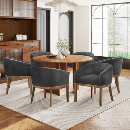 Modern Upholstered Barrel Dining Chair Set of 6, Natural Hardwood Frame, Farmhouse Linen Chairs for Dining Room, Kitchen(Charcoal) - color: Black (Charcoal), size: Set of 6