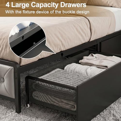 Twin Bed Frame with Button Headboard, PU Leather, All-Metal Support Platform LED Twin Bed with Storage and Charge Station, Easy to Install, Stable, Noise-Free (Grey) - color: Grey