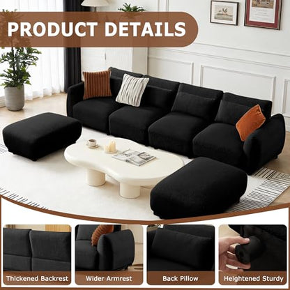 U Shaped Cloud Sectional, Convertible L Shaped Couch with Removable Ottomans,Modular Cloud Couch Sectional for Living Room (4 Set + 2 Ottomans - Black) - color: Black, size: 4set+2 Ottoman