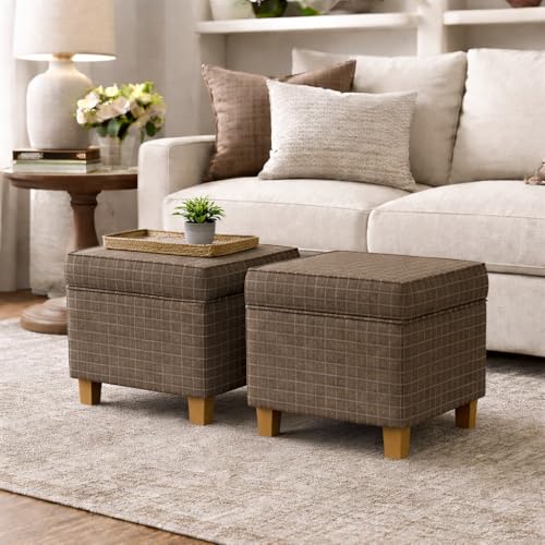 HomePop 18" Classic Square Storage Ottoman - Brown Windowpane - color: Brown Window Pane Fabric
