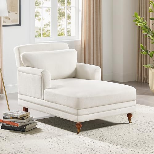 57.48'' Chaise Lounge Chair with Adjustable Backrest, Terry White | Chaise Lounge Chair Indoor, Modern Chaise Lounge Couch, Upholstered Leisure Recliner for Living Room, Apartment, Bedroom - color: White Terry