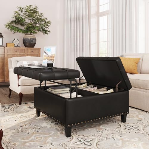 FiveWillowise 31.5 Inch Large Square Ottoman with Storage,Faux Leather | Coffee Table Storage Ottoman Bench with Lift Top Upholstered Footrest Stool Toy Box for Bedroom Living Room,Black - color: Black