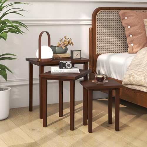 Giantex Nesting Tables Set of 3, Farmhouse Stacking Side Table with Rubber Legs, Wooden Rectangle Accent End Table, Nesting Coffee Tables for Living Room Bedroom (Walnut) - color: Walnut