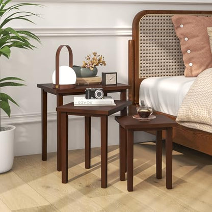 Giantex Nesting Tables Set of 3, Farmhouse Stacking Side Table with Rubber Legs, Wooden Rectangle Accent End Table, Nesting Coffee Tables for Living Room Bedroom (Walnut) - color: Walnut