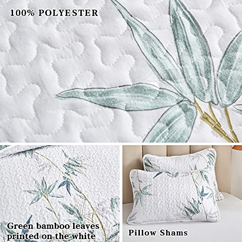 Flysheep Botanical Quilt Set 2 Pieces Twin Size, Green Leaves Printed on White Reversible Bedspread Coverlet Set, Soft Microfiber Lightweight Bed Cover for Kids (68" x 86", 1 Quilt+ 1 Pillow Sham) - color: Green Leaves, size: Twin-68" x 86" (1 Quilt + 1 P