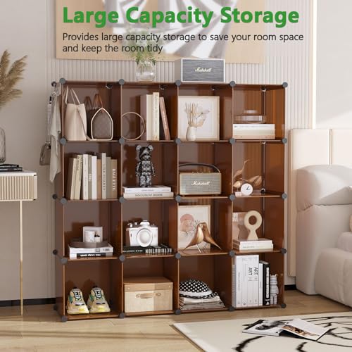 C&AHOME 16 Cube Storage Organizer Cube Shelves Units Storage Cubes, Brown | Plastic DIY Closet Organizer, Stackble Modular Closet Storage Shelves Ideal for Home, Bedroom, 48.4" L × 12.4" W × 48.4" H - color: Brown