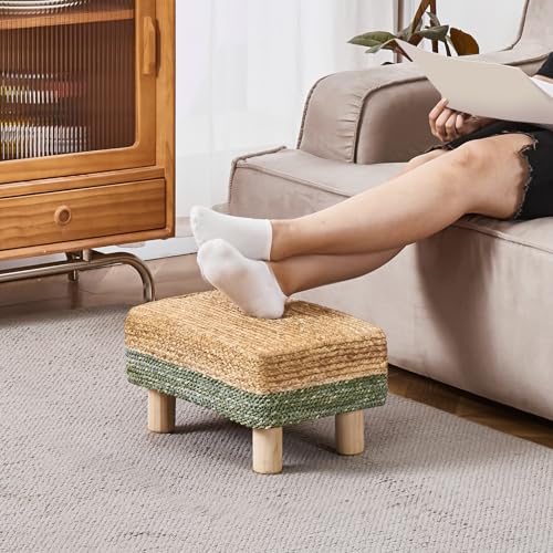 Wimarsbon Natural Seagrass Footstool Ottoman Rectangular Footrest Pouf Ottomans with Wooden Legs Hand Weave Step Stool for Living Room Bedroom Entryway Green - color: Green, size: 12"D x 16.5"W x 9.5"H