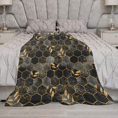 Marble Throw Blanket Black Honeycomb Grid Golden Leaves Pattern Soft Lightweight Warm Plush Blankets for Sofa Bedroom 30"x40" - color: Marble-10, size: 30"x40"