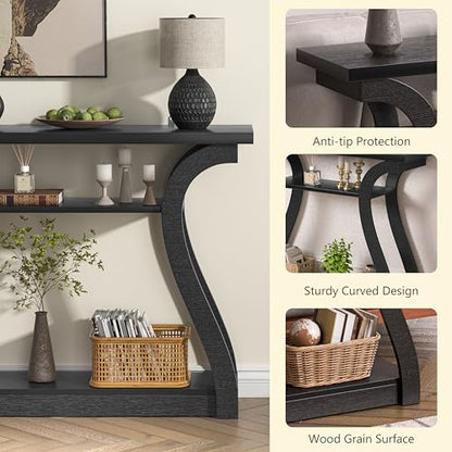 Wood Console Table, 3-Tier Accent Sofa Table (Black) | 47" Entry Table with Curved Legs, 3-tier Shelf Modern Accent Sofa Table for Entrance Area, Living room, Hallway - color: Black
