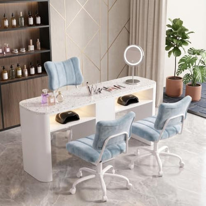Homkdom Velvet Vanity Chair with Bow Backrest & Height Adjustable,Bedroom | Armless,360 Swivel,Silent Casters for Dressing Room & Living Room, Home Office,Make up,Reading,Blue - color: Blue