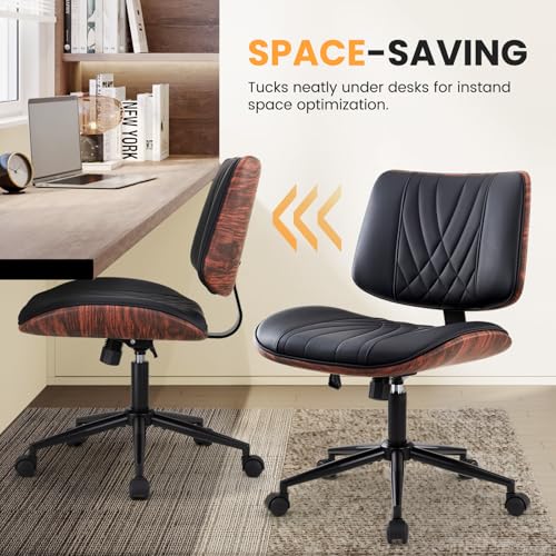 IWMH Armless Desk Chair Home Office Chair with Wheels Walnut PU Retro Chair | Ergonomic Swivel Computer Chair no Arms Mid-Century Adjustable Height Rolling Task Chair for Study Work Small Space Black