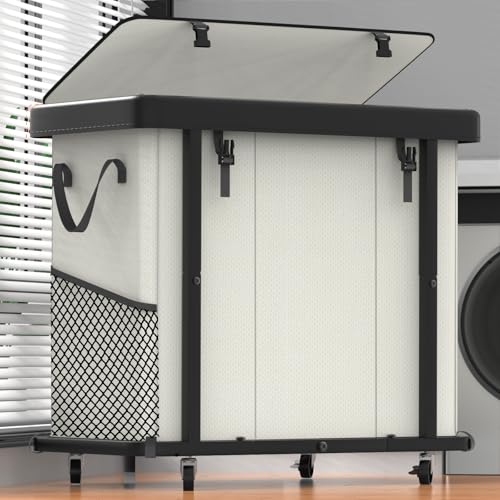 Laundry Basket with Wheels, 230L(60Gal) Laundry Sorter 3 Section - Beige | Leather Patchwork Laundry Hamper, Sturdy Metal Frame, Removable Washable Bag, Tall Clothes Sorter for Bedroom - color: Beige, size: 3 Section-230L