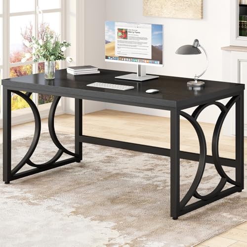 HSH Black Computer Desk,55 Inch Metal Wooden Home Office Writing Desk | Industrial Executive Desk for Work , Modern Student Gaming Computer PC Table,Work from Home,Sturdy Metal Frame,Easy Assembly - color: Black Oak