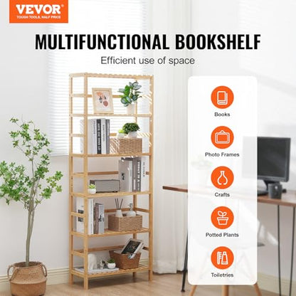 VEVOR 6-Tier Bamboo Shelf, Open Wood Bookshelf, Display Storage Rack Organizer, Freestanding Flower Plant Stand, Multifunctional Bamboo Bookshelf Ideal for Bathroom, Bedroom, Office, Study, Natural - style: 6-Tier