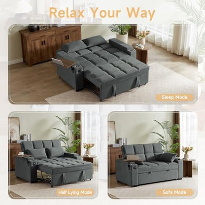 65" 3-in-1 Sofa Bed, Pull Out Sleeper Sofa with 360° Swivel Side Table, Storage Armrests, Cup Holders & USB Charging Ports, Chenille Convertible Couch for Living Room - color: 1007-dark Gray-