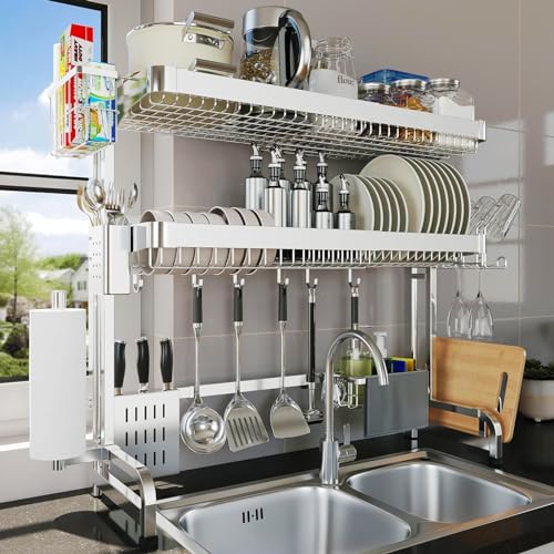 LIVOD Over The Sink Dish Drying Rack,3 Tier Adjustable Length Full Stainless Steel Large Storage Kitchen Dish Rack,for Kitchen Counter Expandable Multifunctional Organizers,Silver (25.5'' to 37.6'') - color: Silver, size: 3 Tier Style B