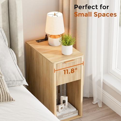 Homleke Narrow End Table with Fluted Drawer & Charging Station | Compact Nightstand with USB Ports & Outlets, Bedside Table for Bedroom, Living Room, Modern Accent Table, Natural - color: Natural