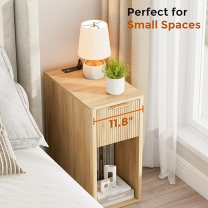 Homleke Narrow End Table with Fluted Drawer & Charging Station | Compact Nightstand with USB Ports & Outlets, Bedside Table for Bedroom, Living Room, Modern Accent Table, Natural - color: Natural