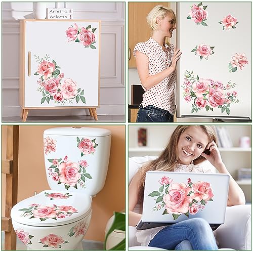 Pink Flowers & Green Leaves Wall Decals - Removable Peel & Stick Garden Floral Wall Stickers for Bedroom & Living Room - color: Pink