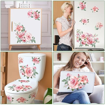 Pink Flowers & Green Leaves Wall Decals - Removable Peel & Stick Garden Floral Wall Stickers for Bedroom & Living Room - color: Pink