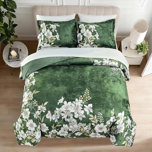 Sunshine Nicole Reversible Comforter Set, Printed Distressed Velvet Front and Sold Distressed Velvet Reverse, 3 Pieces Dark Green King, with Soft Polyester Fill - color: Dark Green, size: King