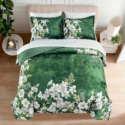 Sunshine Nicole Reversible Comforter Set, Printed Distressed Velvet Front and Sold Distressed Velvet Reverse, 3 Pieces Dark Green King, with Soft Polyester Fill - color: Dark Green, size: King