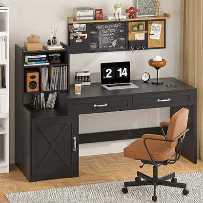 60" Computer Desk with Drawers & Bookshelves for Bedroom, Home Office | Black Desk with Bookcase & Drawers, Executive Desk Writing Study Table with Storage, Home Office Desks - color: Black