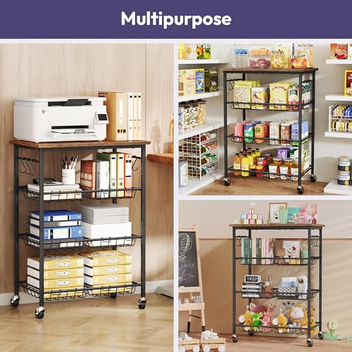 SWTYMIKI 24.4''x15.7'' Rolling Microwave Cart - 4 Tier Microwave Table Stand with 6 Storage Baskets, Coffee Bar with Wheels, Kitchen Utility Cart Shelf Rack Organizer for Vegetables, Potato, Brown - color: Brown