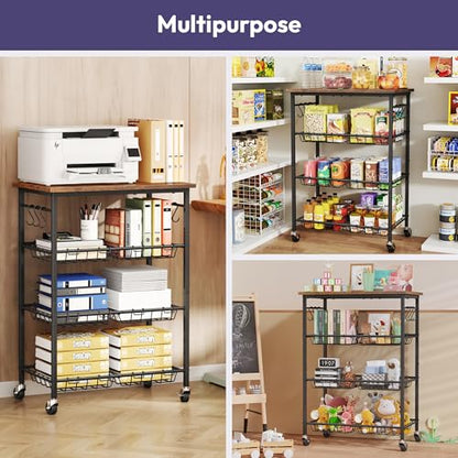 SWTYMIKI 24.4''x15.7'' Rolling Microwave Cart - 4 Tier Microwave Table Stand with 6 Storage Baskets, Coffee Bar with Wheels, Kitchen Utility Cart Shelf Rack Organizer for Vegetables, Potato, Brown - color: Brown