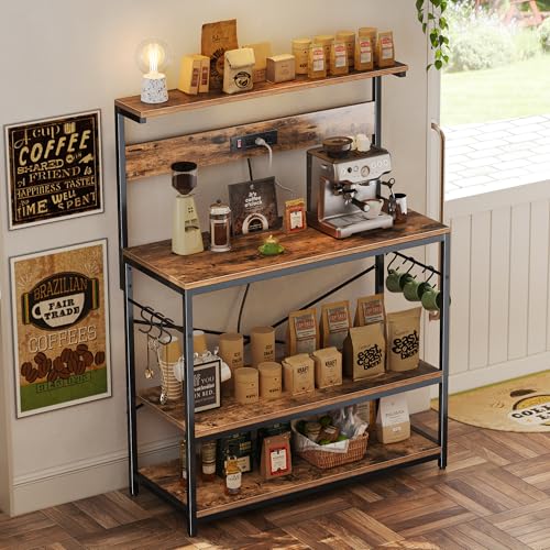 SUPERJARE Bakers Rack with Power Outlets, Microwave Stand, 39.4 X 14.3 Inch Larger Desktop, Kitchen Storage Rack with Adjustable Middle Shelf, 6 S-Shaped Hooks, Coffee Bar Stand, Rustic Brown - color: Rustic Brown, size: 39.4inch