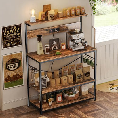 SUPERJARE Bakers Rack with Power Outlets, Microwave Stand, 39.4 X 14.3 Inch Larger Desktop, Kitchen Storage Rack with Adjustable Middle Shelf, 6 S-Shaped Hooks, Coffee Bar Stand, Rustic Brown - color: Rustic Brown, size: 39.4inch