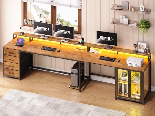 SEDETA L Shaped Gaming Desk with 4 Drawers, 109” Computer Desk with Display Cabinet, Home Office Desks with 2 Monitor Stands, CPU Stand, LED Lights and Power Outlet, Rustic Brown - color: Rustic Brown