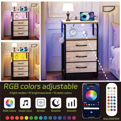 runjuly End Tables Set of 2 with Charging Station, LED Light, Hooks, Greige | 3 Large Fabric Drawers, USB C Ports & Power Outlets, Metal Night Stand Pair, Storage Nightstand for Living Room / Bedroom - color: Greige, style: Larger+Taller Set of 2