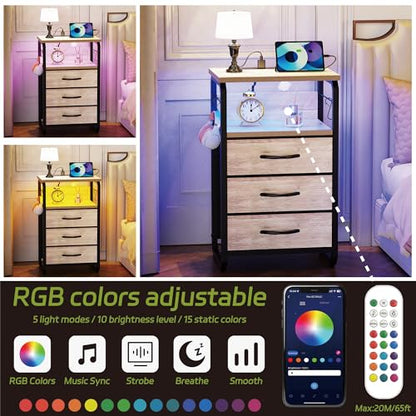 runjuly End Tables Set of 2 with Charging Station, LED Light, Hooks, Greige | 3 Large Fabric Drawers, USB C Ports & Power Outlets, Metal Night Stand Pair, Storage Nightstand for Living Room / Bedroom - color: Greige, style: Larger+Taller Set of 2