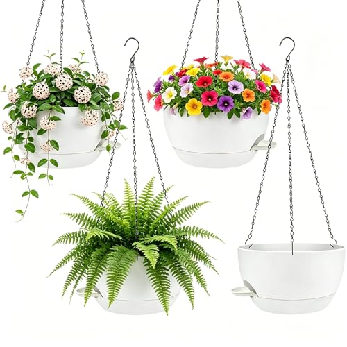 Set of 4-8 Inch Self Watering Hanging Planters for Indoor Outdoor，Hanging Plant Pots with Drainage & Removable Tray, Hanging Pots Holder for Ivy, Pothos, Ferns, Balcony & Patio, White - color: White, size: 4 pack 8 inch