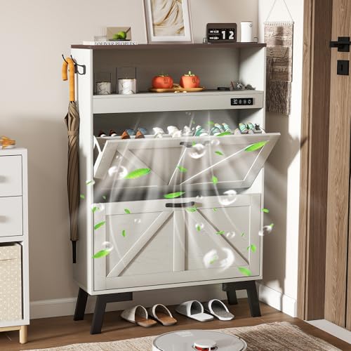 Shoe Cabinet with Deodorizer, Narrow White Entryway Storage, Anti-Tip | Deodorizer with 4 Modes | 2 Flip Drawers | Adjustable Shelves | Narrow White Design | Anti-Tip Kit | 9.4"D x 31.4"W - size: 47"H x 34.1"W x 9.4"D
